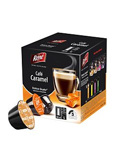 Café René Café Caramel Packung und Kapsel für Dolce Gusto

